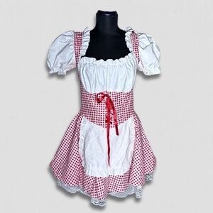 Sexy cosplay Gingham Milk Maid Costume Dress Corset Tie Ruffled Hem Red/White M